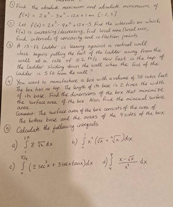 Solved (1) Find the absolute maximum and absolute minimum of | Chegg.com