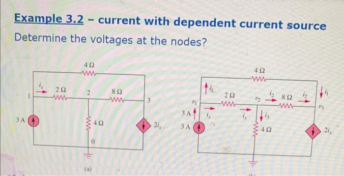 Example 3.2 - current with dependent current source
Determine the voltages at the nodes?
(a)