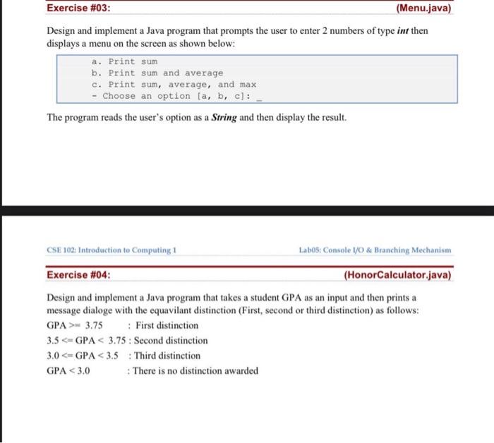 Solved Exercise #03: (Menu.java) Design and implement a Java | Chegg.com