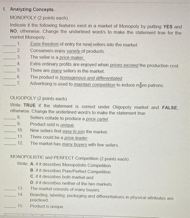 Solved 1. Analyzing Concepts. MONOPOLY (2 points each) | Chegg.com