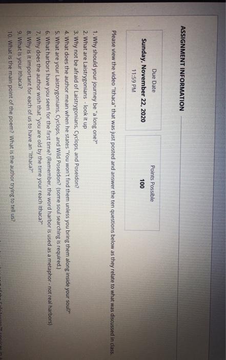 ASSIGNMENT INFORMATION Points Possible Due Date | Chegg.com