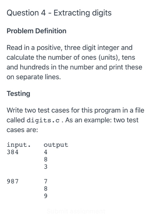 Solved Question 4 - Extracting Digits Problem Definition | Chegg.com