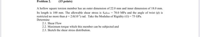 Solved Problem 2. (15 points) A hollow square torsion member | Chegg.com