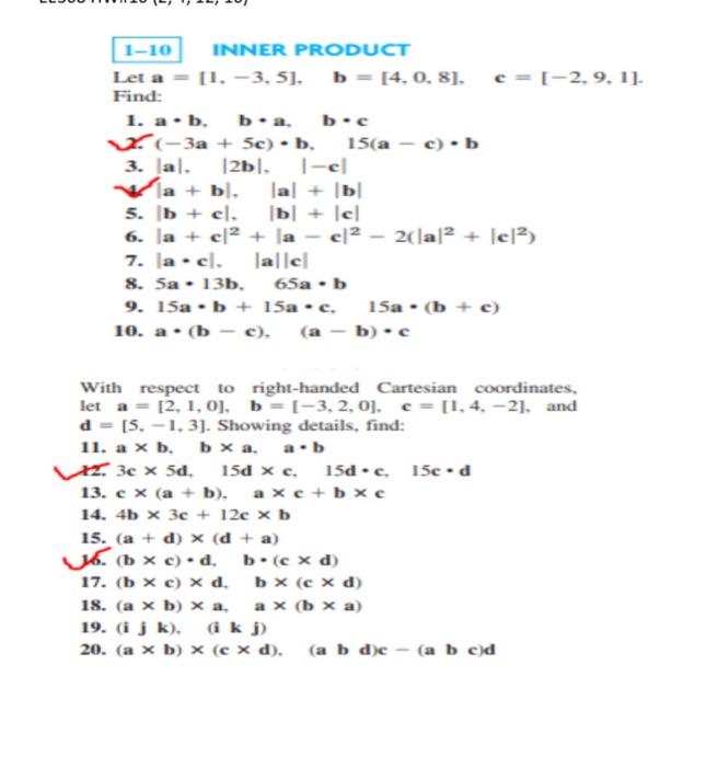 Solved 1-10 INNER PRODUCT Let a = [1, -3,5]. b = [4, 0.8]. | Chegg.com