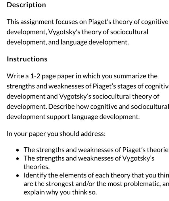 Solved This assignment focuses on Piaget s theory of Chegg