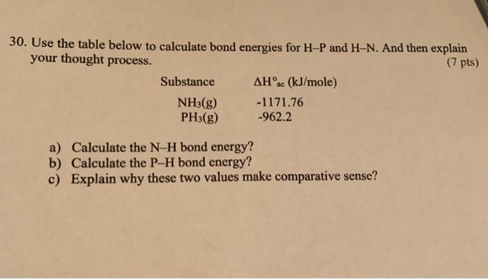 Solved 30. Use The Table Below To Calculate Bond Energies | Chegg.com