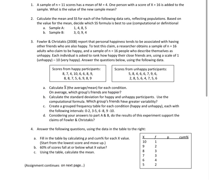 Solved 1. A sample of n = 11 scores has a mean of M = 4. One | Chegg.com