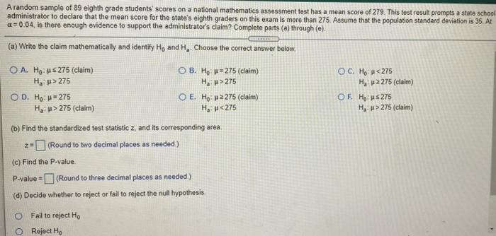 Solved A random sample of 89 eighth grade students' scores | Chegg.com