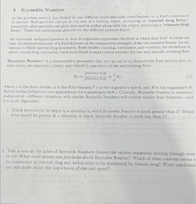 Solved 3 Reynolds Number In the previous section, you looked | Chegg.com