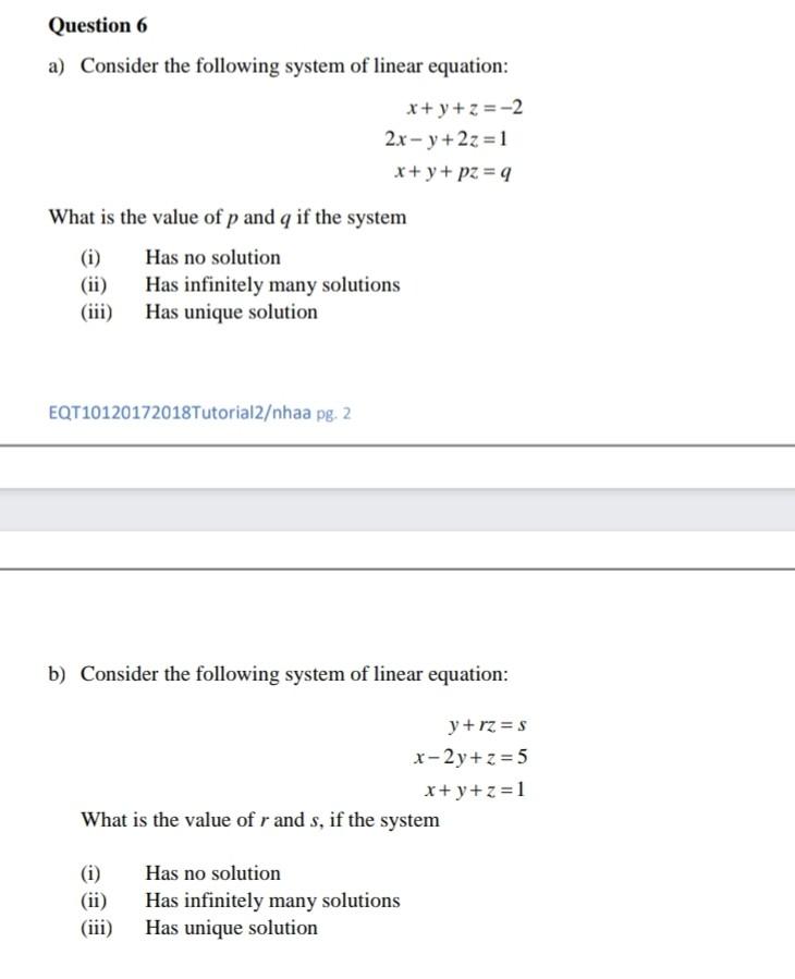 Solved Question 6 a) Consider the following system of linear | Chegg.com