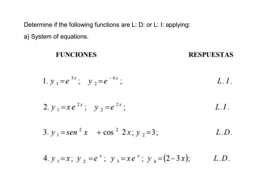 Determine if the following functions are L: D: or L: 1: applying: a) System of equations. FUNCIONES RESPUESTAS 3х. -4x 1. y,