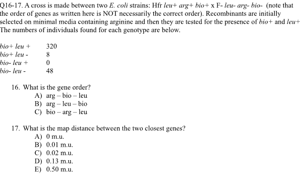 Solved Q16-17. ﻿A cross is made between two E. ﻿coli | Chegg.com