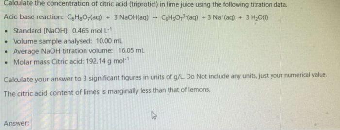 Solved Calculate The Concentration Of Citric Acid | Chegg.com