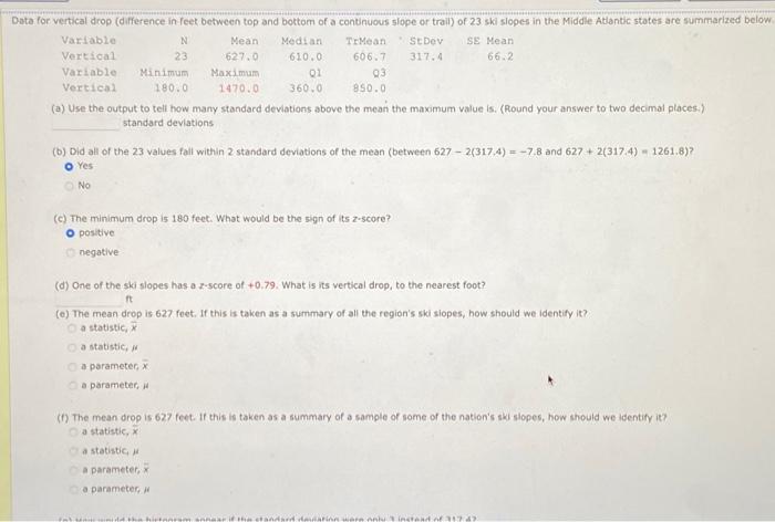Solved Data for vertical drop (difference in feet between | Chegg.com