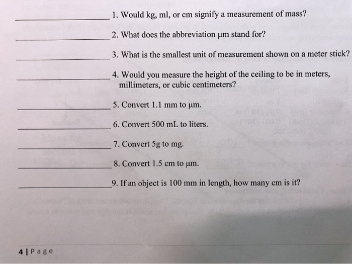 Solved 1 Would Kg Ml Or Cm Signify A Measurement Of Ma