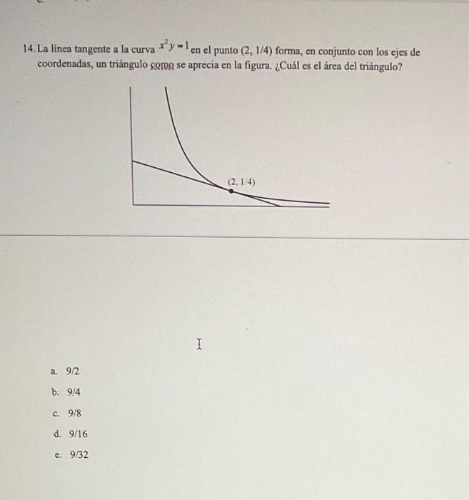 14. La linea tangente a la curva xy-len el punto (2, 1/4) forma, en conjunto con los ejes de coordenadas, un triángulo como s