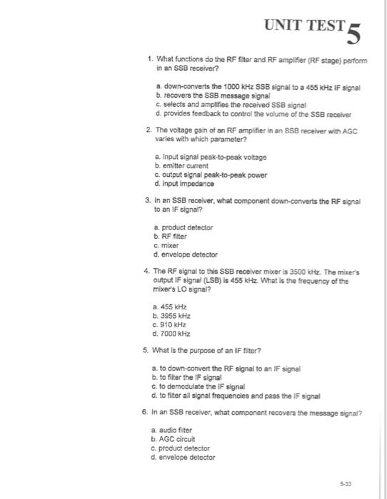 Solved UNIT TEST 5 1. What functions do the RF fiter and RF | Chegg.com