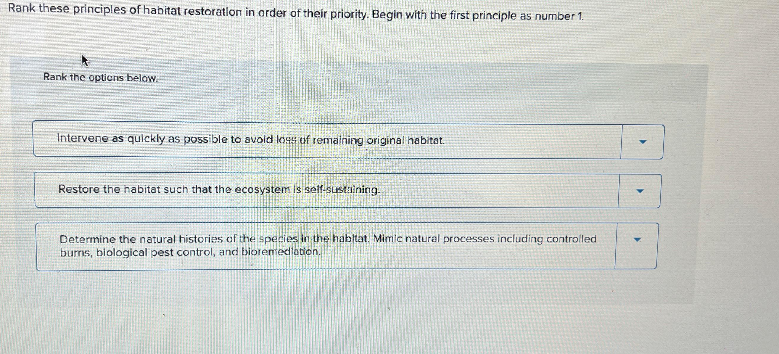 Solved Rank These Principles Of Habitat Restoration In Order | Chegg.com