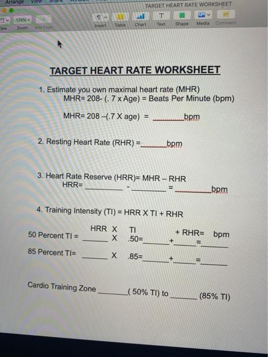 Solved Arrange View TARGET HEART RATE WORKSHEET 125% Zoom | Chegg.com