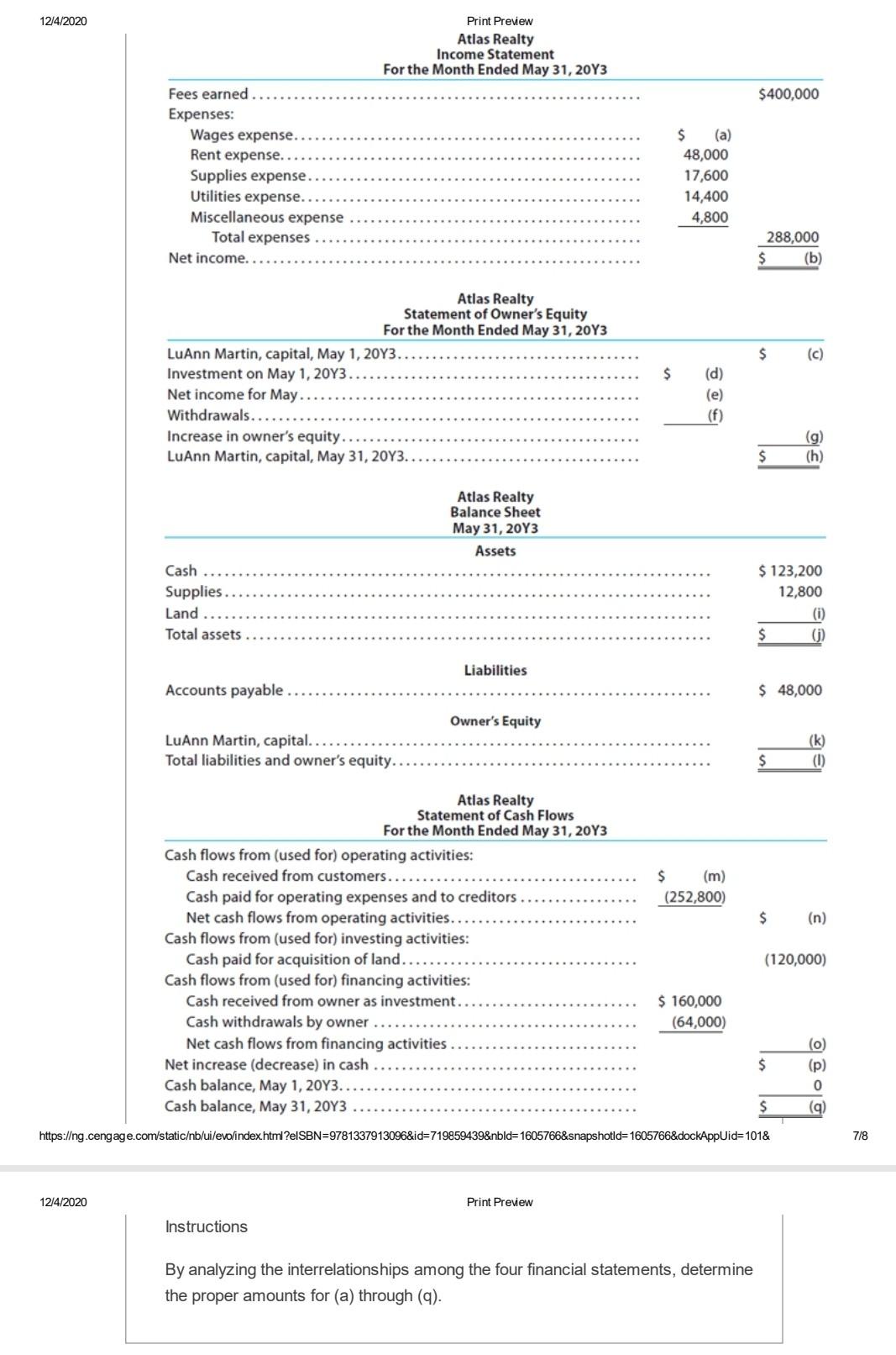 Solved 12/4/2020 Print Preview Atlas Realty Income Statement | Chegg.com