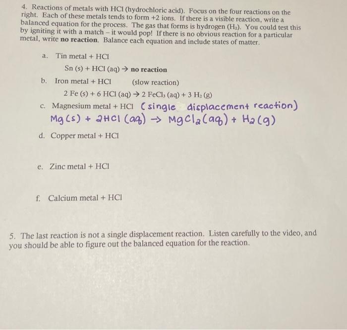 Solved 4. Reactions of metals with HCl (hydrochloric acid). | Chegg.com