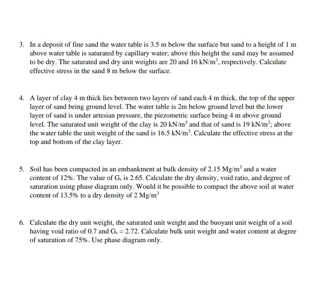 Solved 3. In a deposit of fine sand the water table is 3.5 m | Chegg.com