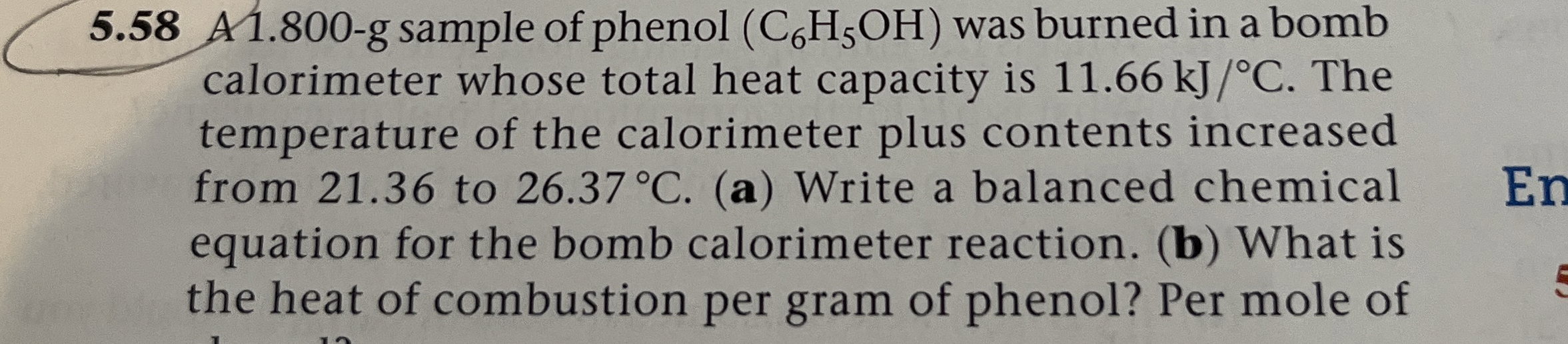 5.58 ﻿A 1.800g sample of phenol (C6H5OH) ﻿was burned
