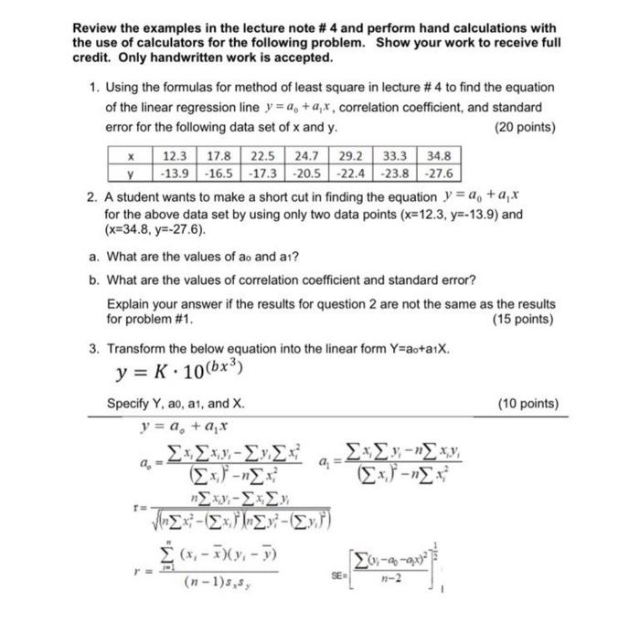 Solved 1. Using the formulas for method of least square in | Chegg.com