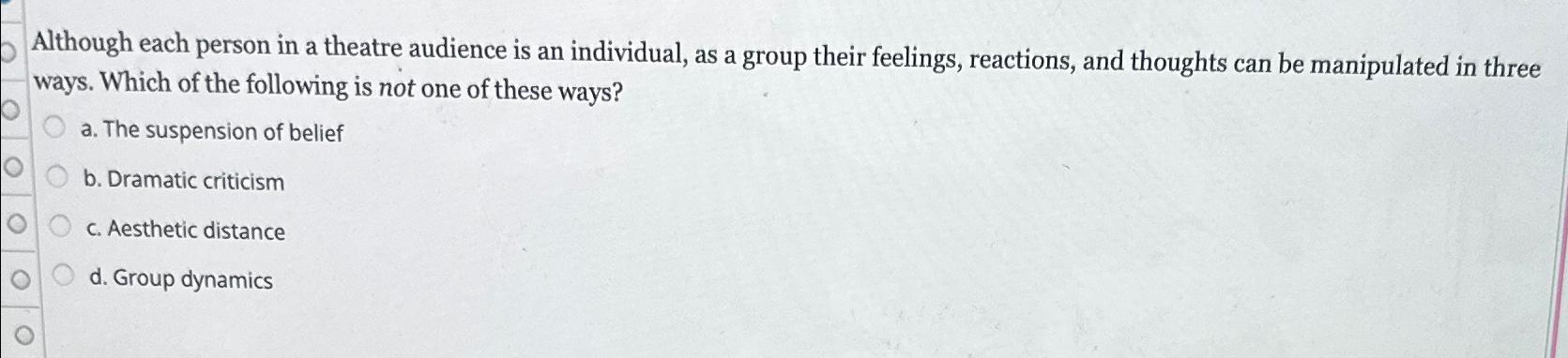 Solved Although each person in a theatre audience is an | Chegg.com