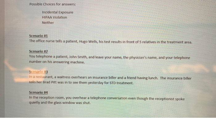 Possible Choices for answers: Incidental Exposure HIPAA Violation Neither Scenario #1 The office nurse tells a patient, Hugo
