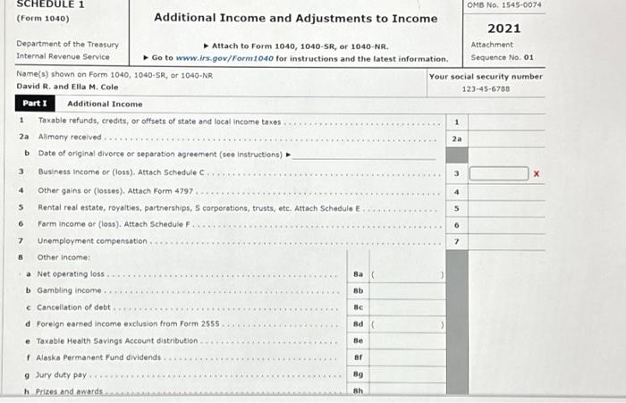 SCHEDULE 1 (form 1040) Department of the Treasury | Chegg.com