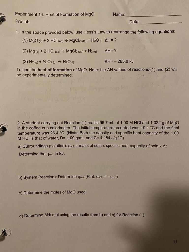 Solved Experiment 14: Heat of Formation of MgO Name: Pre-lab | Chegg.com