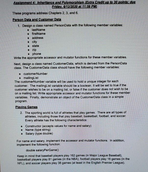 Solved Assignment Inheritance And Polymorphism (Extra Credit | Chegg.com