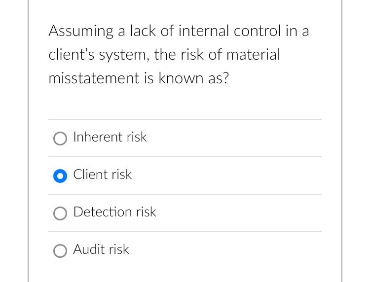 Solved Assuming a lack of internal control in a client's | Chegg.com