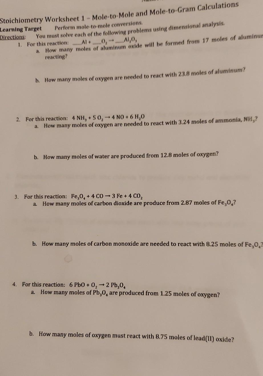 Solved Stoichiometry Worksheet 1 - Mole-to-Mole and | Chegg.com