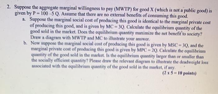 Solved 2. Suppose the aggregate marginal willingness to pay | Chegg.com