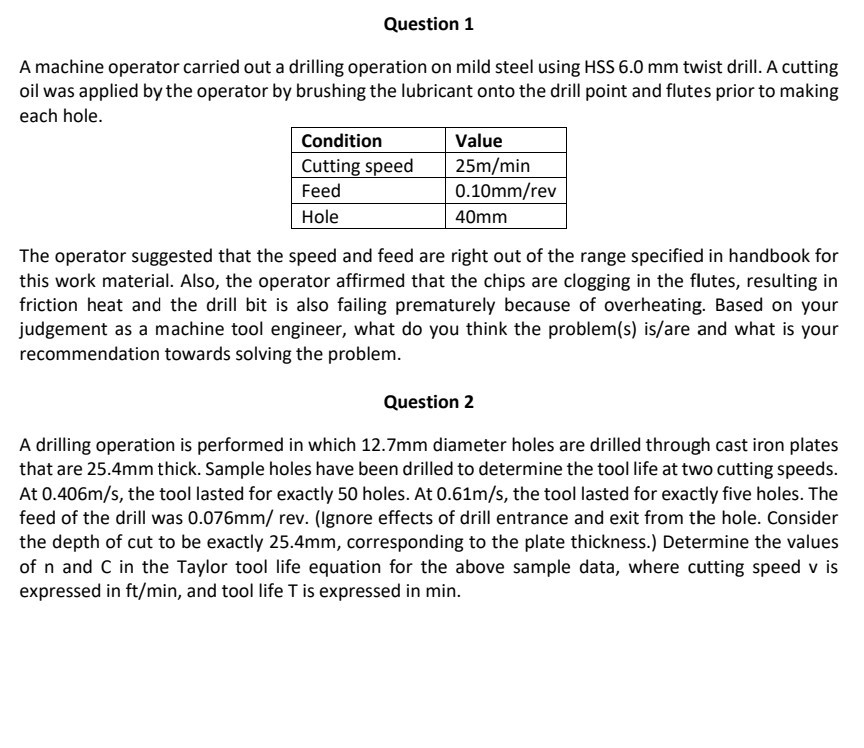 Solved Question 1 A machine operator carried out a drilling | Chegg.com