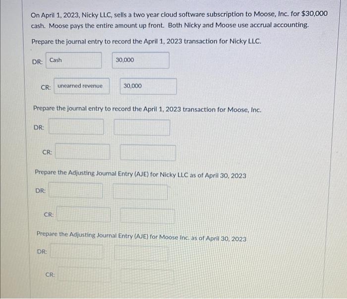 On April 1, 2023, Nicky LLC, sells a two year cloud software subscription to Moose cash. Moose pays the entire amount up fron