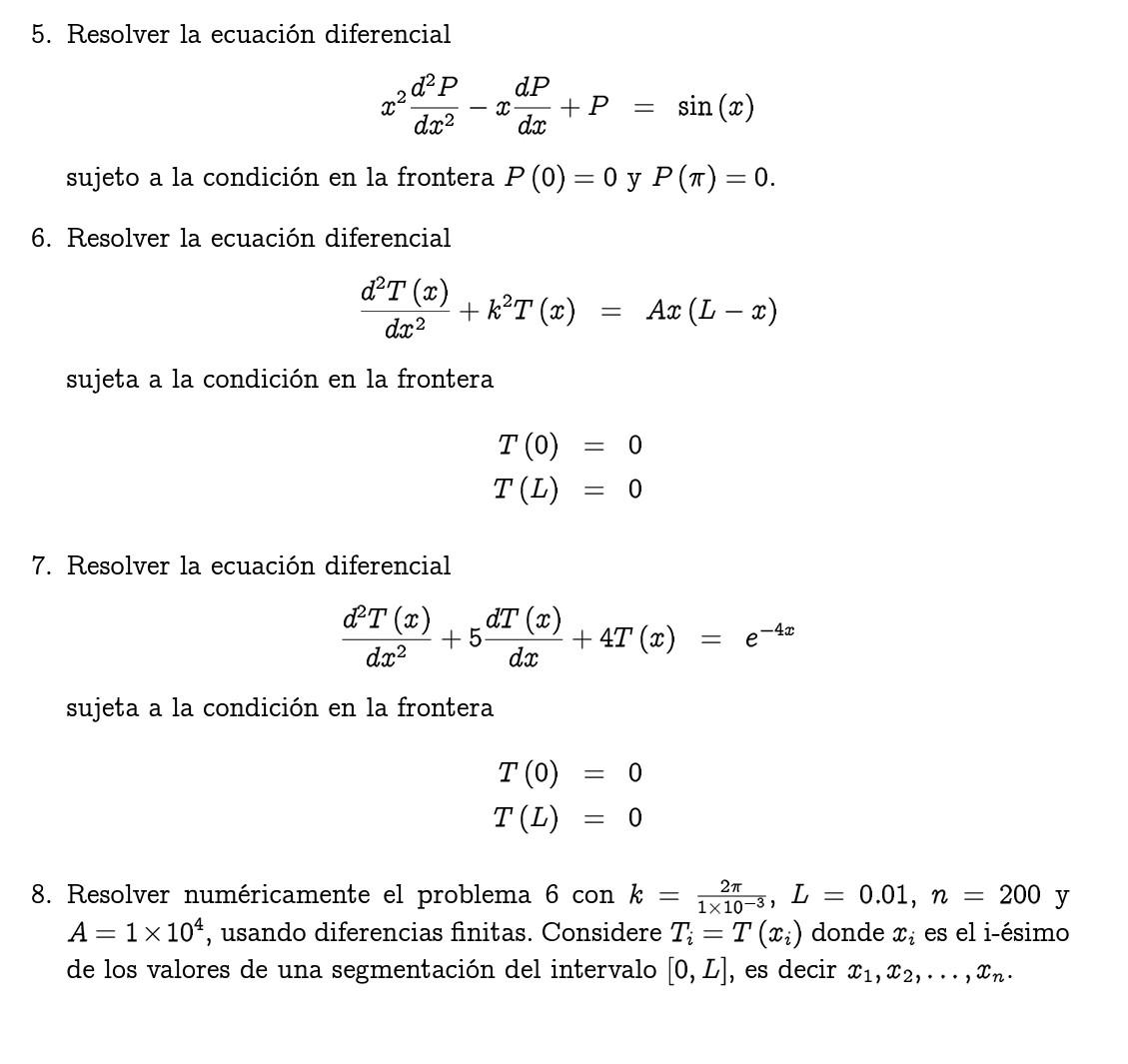 5. Resolver la ecuación diferencial \[ x^{2} \frac{d^{2} P}{d x^{2}}-x \frac{d P}{d x}+P=\sin (x) \] sujeto a la condición en