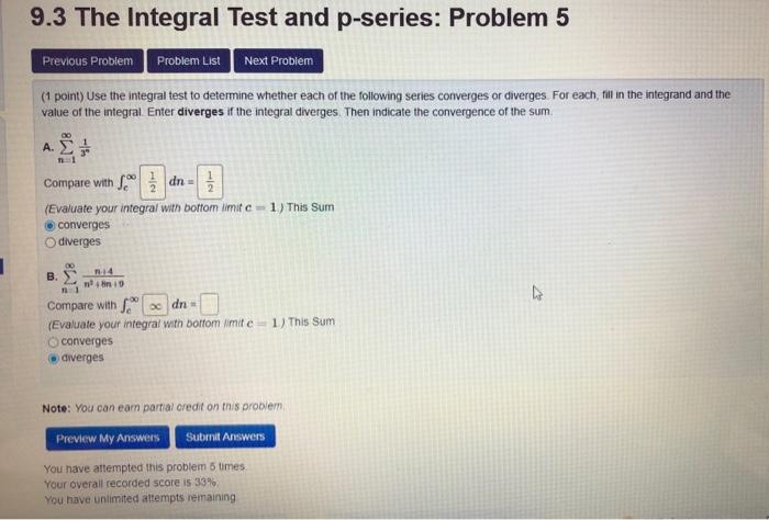 Solved 9.3 The Integral Test and p-series: Problem 8 | Chegg.com