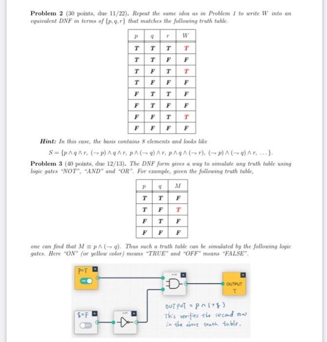 Problem 2 ( 30 points, due \( 11 / 22 \) ). Repeat the same ides as in Problem I to write W into an equivalent DNF in terms o