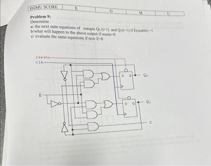 Problem 9:
Determine
a/ the next state equations of outupts \( Q_{0}(t+1) \) and \( Q_{i}(t+1) \) if \( E( \) enable \( )=1 \