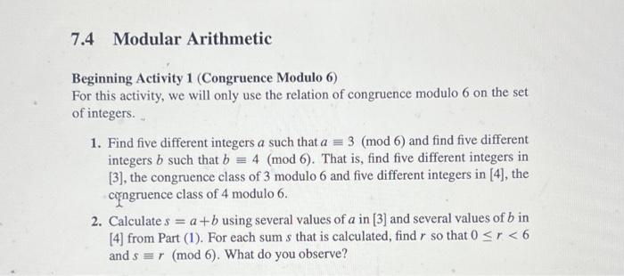 Solved 7.4 Modular Arithmetic Beginning Activity 1 | Chegg.com