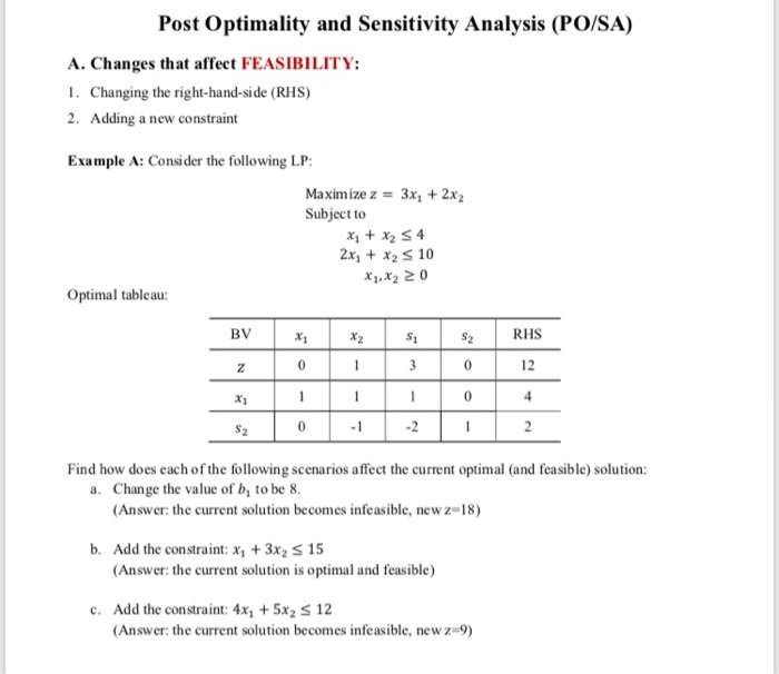 Solved Post Optimality and Sensitivity Analysis (PO/SA) A. | Chegg.com