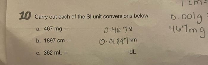 Solved 10 Carry out each of the SI unit conversions below. | Chegg.com