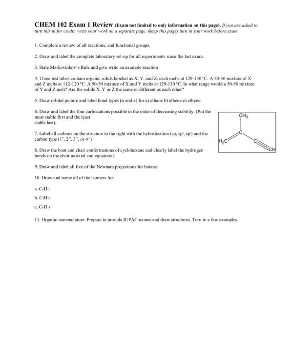 Solved CHEM 102 Exam 1 Review (Exam not limited to only | Chegg.com
