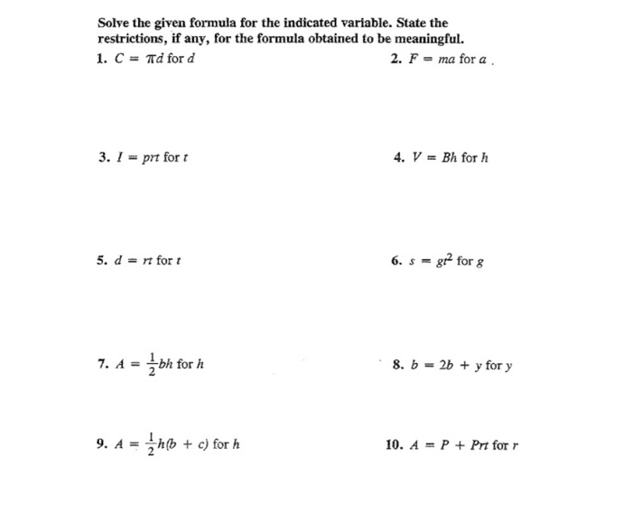 Solve The Given Formula For The Indicated Variable Chegg Com