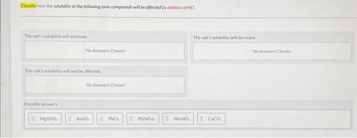 Solved Classify How The Solubility Of The Following Ionic Chegg Com