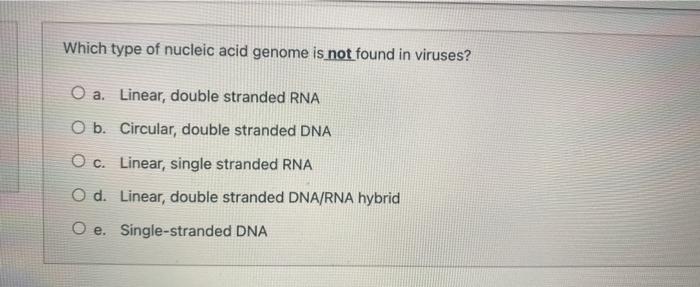 Which type of nucleic acid genome is not found in viruses? O a. Linear, double stranded RNA O b. Circular, double stranded DN