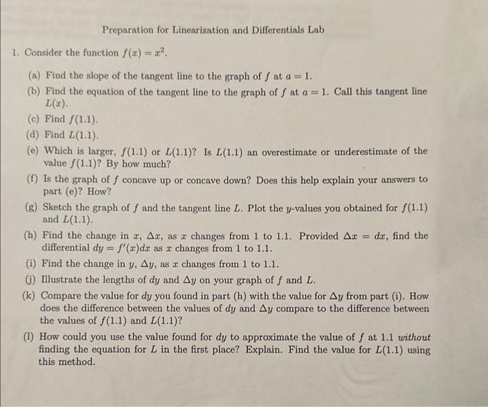 Solved Preparation for Linearization and Differentials Lab